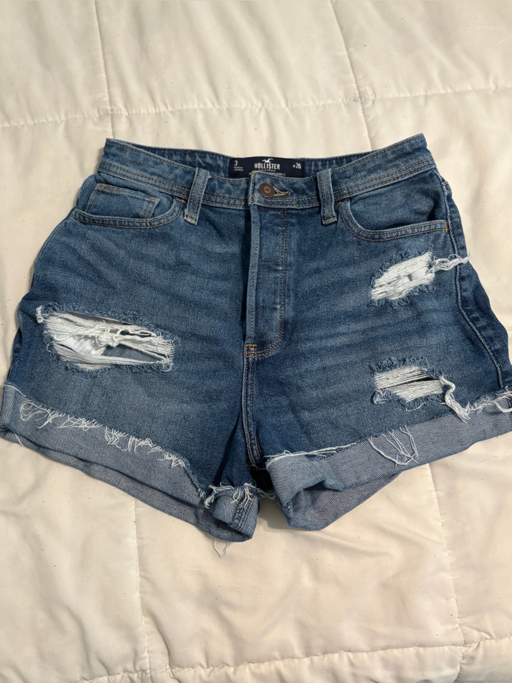 Hollister Medium Blue Distressed Rolled-Hem Jean Shorts